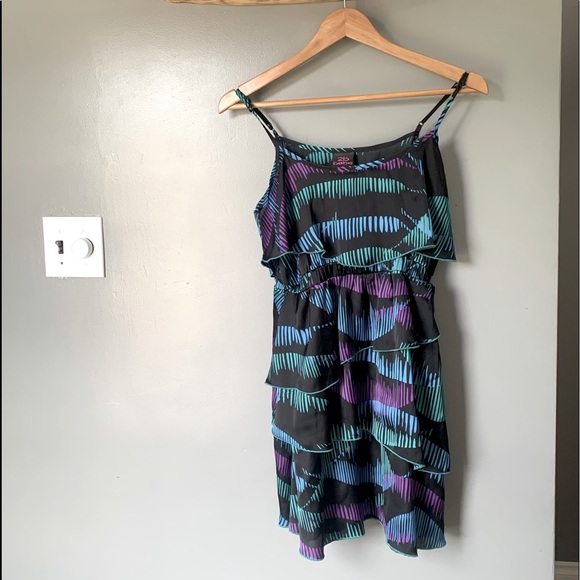 Bebe Tropical Neon Layered Ruffle Purple, Blue & Black Adjustable Silky Dress - Picture 1 of 5